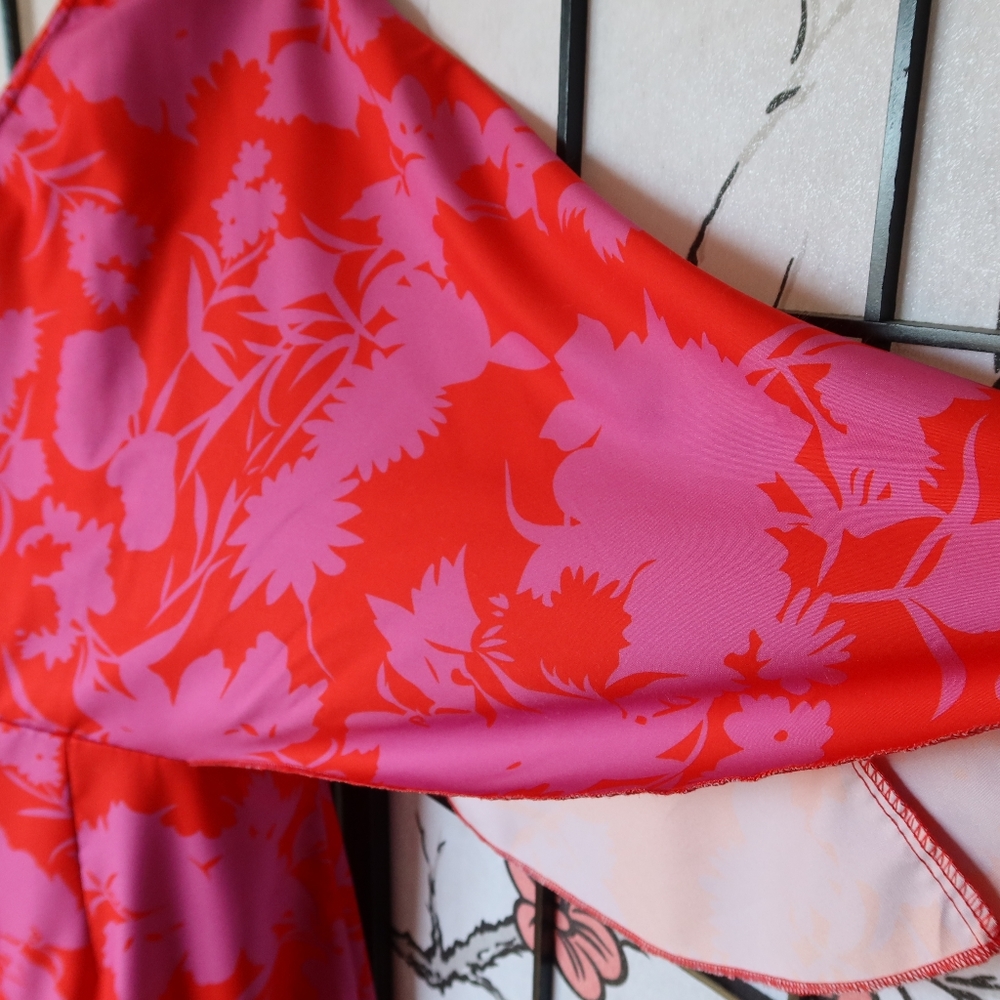 Pink and Red Floral Asymmetrical One Sleeve Off Shoulder Dress - Picture 2 of 12